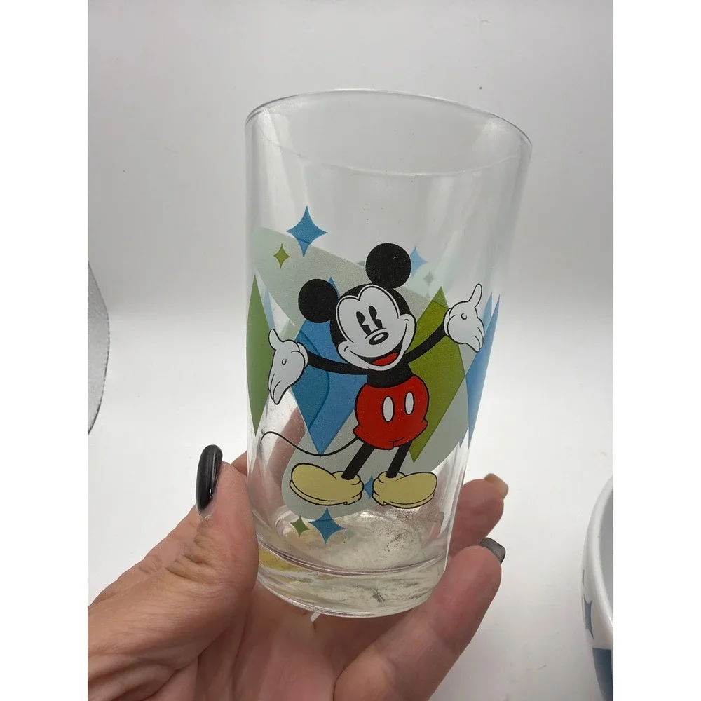 Disney Mickey Mouse Minnie Pluto Gibson Bowl and Glass Set 4 Piece Harlequin